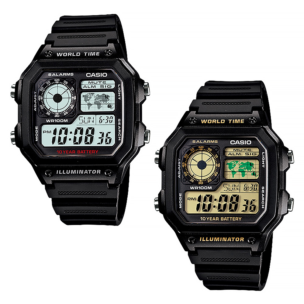 【CASIO 卡西歐】AE-1200WH 旅遊外出必備 復古方形 世界地圖 多時區 電子錶 膠錶 手錶