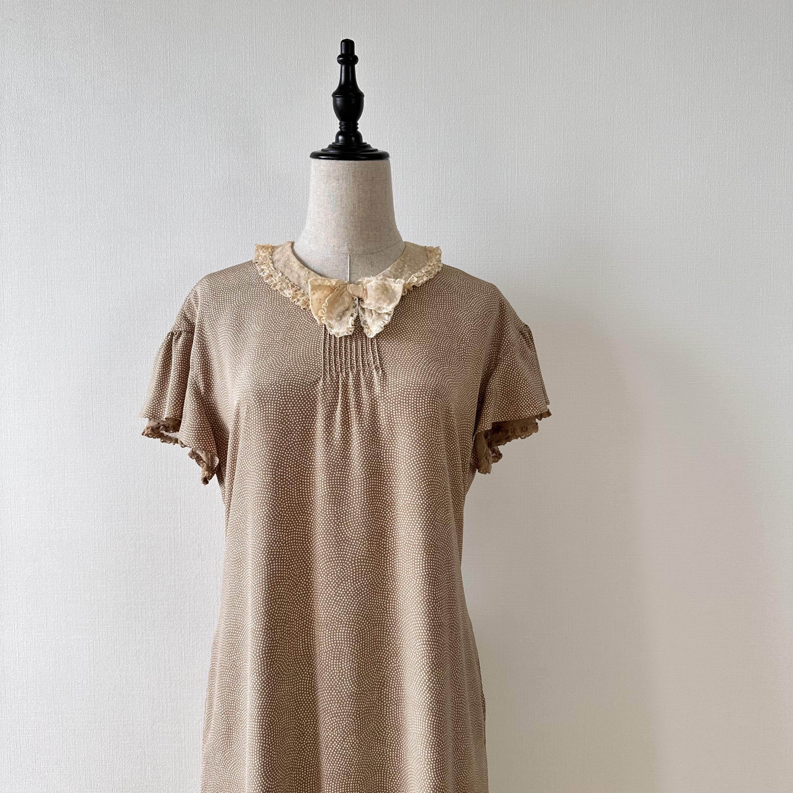 Pink House奶茶色鮫小紋可愛感連身裙