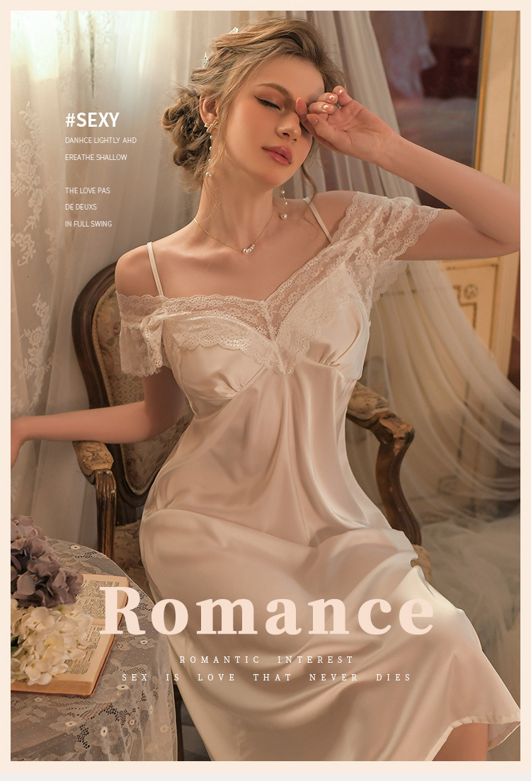 一字肩蕾絲性感睡裙(淺紫色/黑色/白色) JK-1046