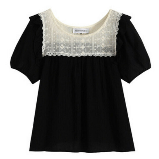 Hot selling lace spliced ​​short-sleeved shirt [black] [M-4XL size] (please contact customer service to confirm the delivery size after placing the order)