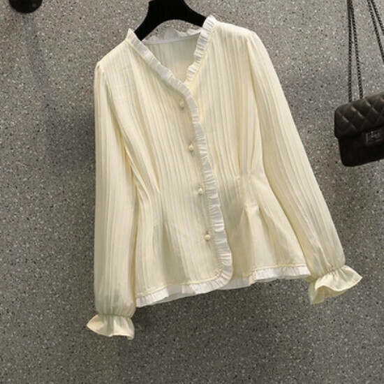 Hot selling v-neck long-sleeved shirt [Apricot] [L-4XL size] (please contact customer service to confirm the delivery size after placing the order)