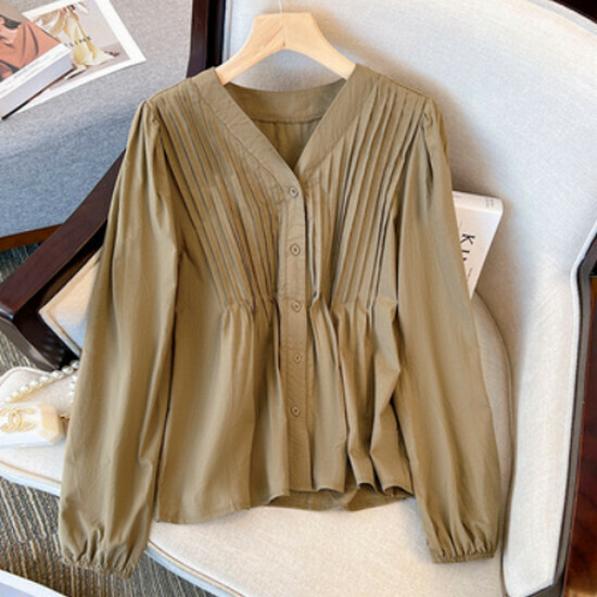 Hot selling v-neck spliced ​​long-sleeved shirt [khaki] [size L-4XL] (please contact customer service to confirm the delivery size after placing the order)