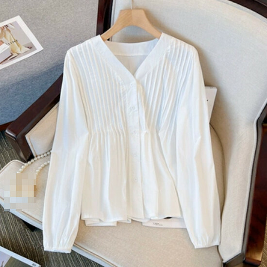 Hot selling v-neck spliced ​​long-sleeved shirt [white] [L-4XL size] (please contact customer service to confirm the delivery size after placing the order)