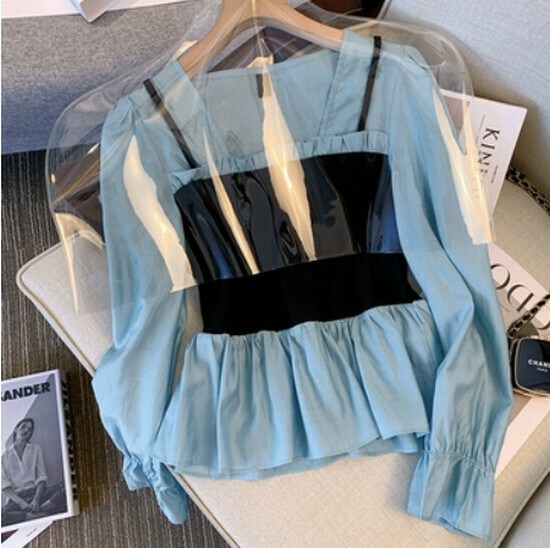 Hot selling fake two-piece chiffon shirt [blue] [size L-4XL] (please contact customer service to confirm the delivery size after placing the order)