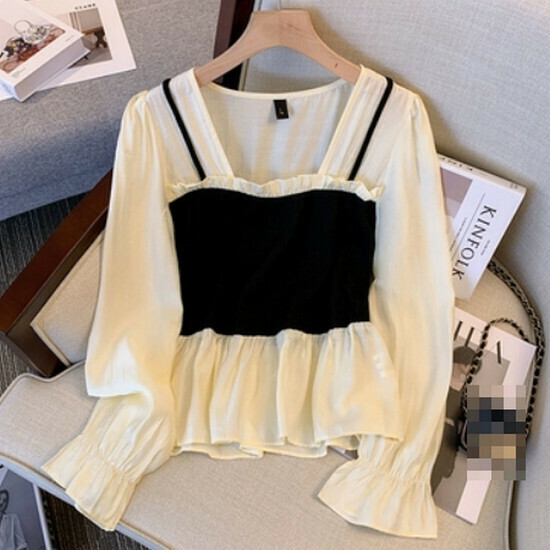 Hot selling fake two-piece chiffon shirt [Apricot color] [L-4XL size] (please contact customer service to confirm the delivery size after placing the order)