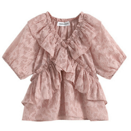 Hot selling fungus-edged chiffon short-sleeved top [pink] [size L-4XL] (please contact customer service to confirm the delivery size after placing the order)