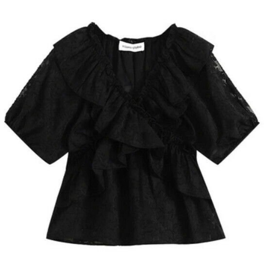 Hot selling fungus-edged chiffon short-sleeved top [Black] [L-4XL size] (please contact customer service to confirm the delivery size after placing the order)