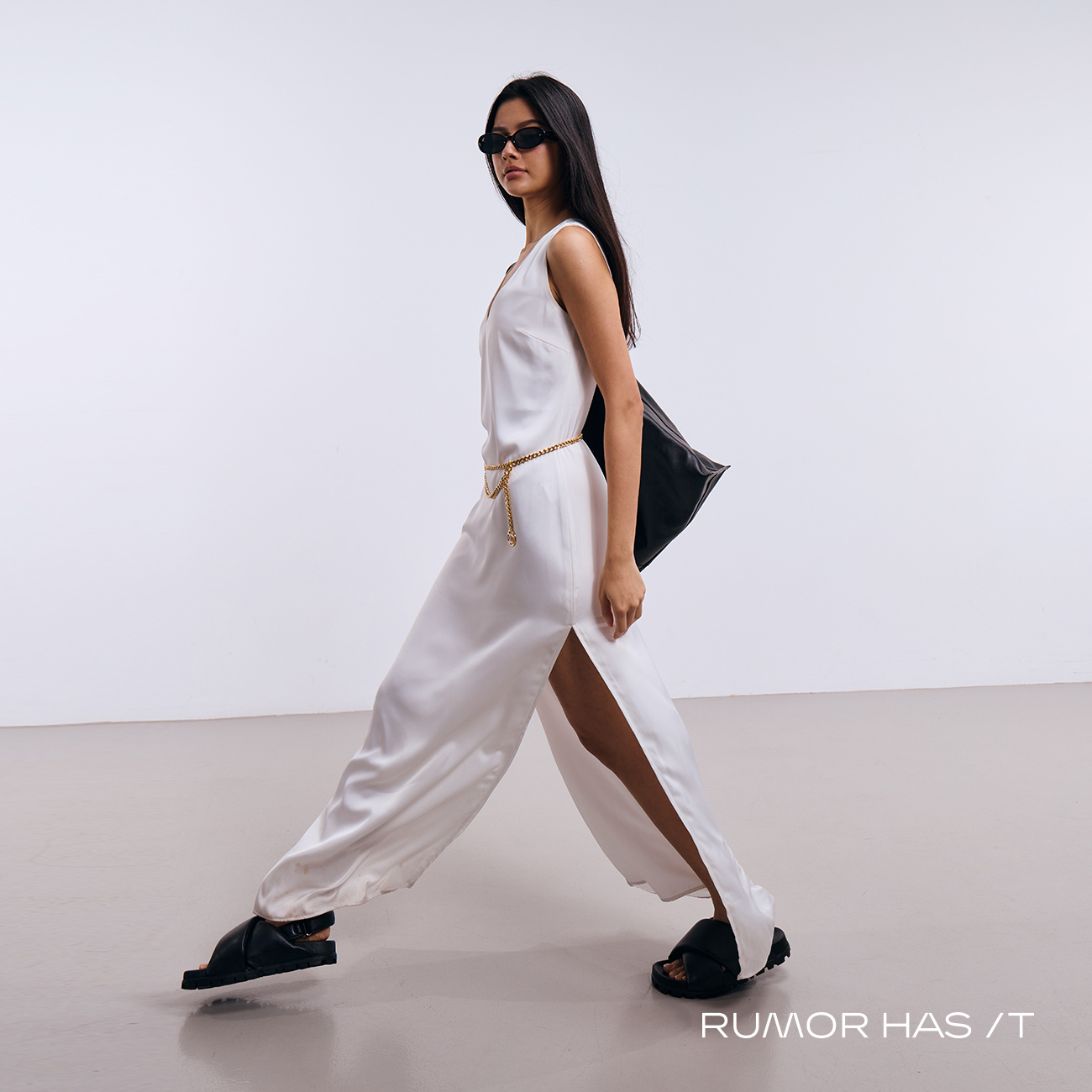 V Neck Silk Slit Dress