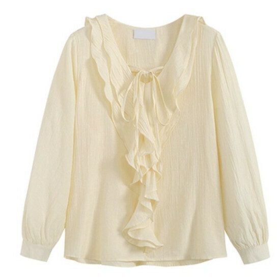 Hot selling ruffled V-neck long-sleeved shirt [Apricot] [L-4XL size] (please contact customer service to confirm the delivery size after placing the order)