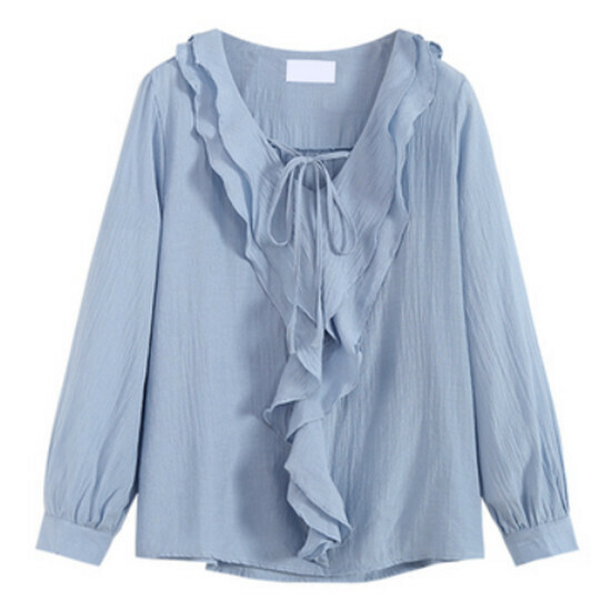 Hot selling ruffled V-neck long-sleeved shirt [blue] [size L-4XL] (please contact customer service to confirm the delivery size after placing the order)