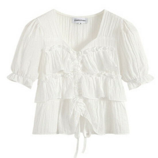 Hot selling ruffled puff sleeve top [White] [M-4XL size] (please contact customer service to confirm the delivery size after placing the order)