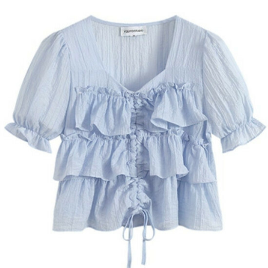Hot selling ruffled puff sleeve top [Light Blue] [M-4XL size] (please contact customer service to confirm the delivery size after placing the order)
