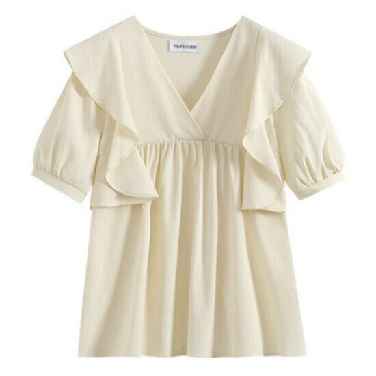 Hot selling V-neck ruffled short-sleeved shirt [Apricot] [M-4XL size] (please contact customer service to confirm the delivery size after placing the order)