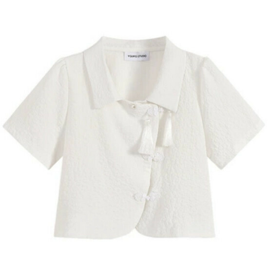 Hot selling Chinese style button-up short top [White] [M-4XL size] (please contact customer service to confirm the delivery size after placing the order)