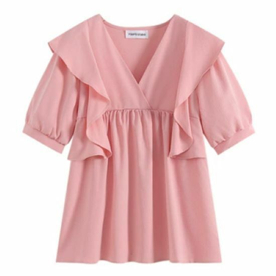 Hot selling V-neck ruffle short-sleeved shirt [pink] [M-4XL size] (please contact customer service to confirm the delivery size after placing the order)