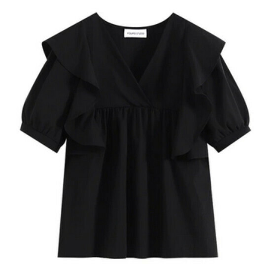 Hot selling V-neck ruffled short-sleeved shirt [Black] [M-4XL size] (please contact customer service to confirm the delivery size after placing the order)