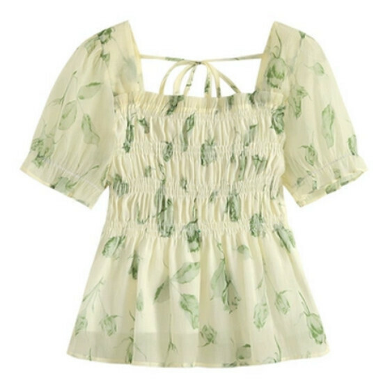 Hot selling floral chiffon short-sleeved top [green flower] [M-4XL size] (please contact customer service to confirm the delivery size after placing the order)