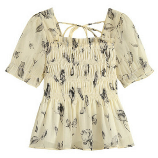 Hot selling floral chiffon short-sleeved top [Black Flower] [M-4XL size] (please contact customer service to confirm the delivery size after placing the order)