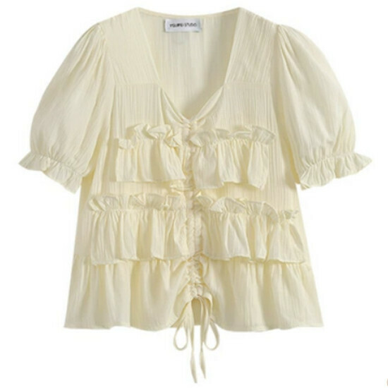 Hot selling chiffon puff sleeve short-sleeved shirt [Apricot color] [M-4XL size] (please contact customer service to confirm the delivery size after placing the order)