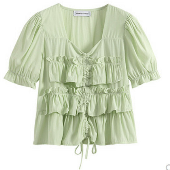 Hot selling chiffon puff sleeve short-sleeved shirt [green] [M-4XL size] (please contact customer service to confirm the delivery size after placing the order)