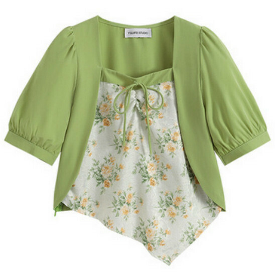 Hot selling floral fake two-piece short-sleeved top [green] [size L-4XL] (please contact customer service to confirm the delivery size after placing the order)