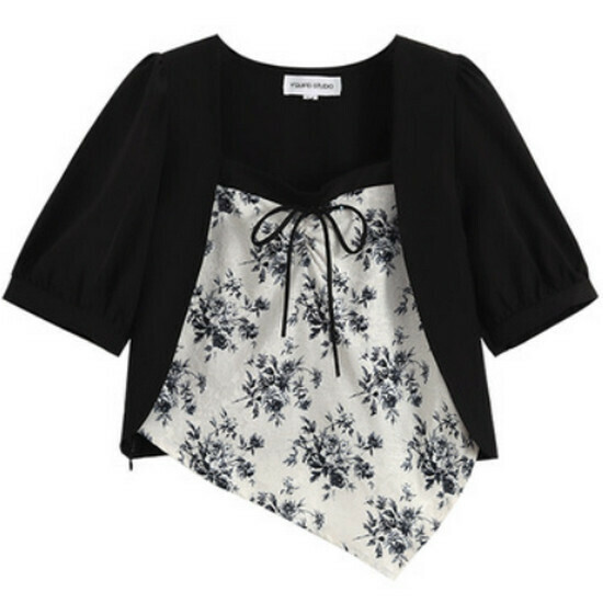 Hot selling floral fake two-piece short-sleeved top [Black] [L-4XL size] (please contact customer service to confirm the delivery size after placing the order)