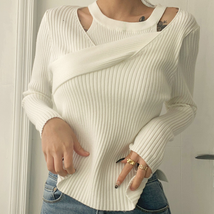 Hot selling knitted long-sleeved sweater + halter neck camisole two-piece set (white) (S/M size) (contact customer service after placing the order to confirm the delivery size)