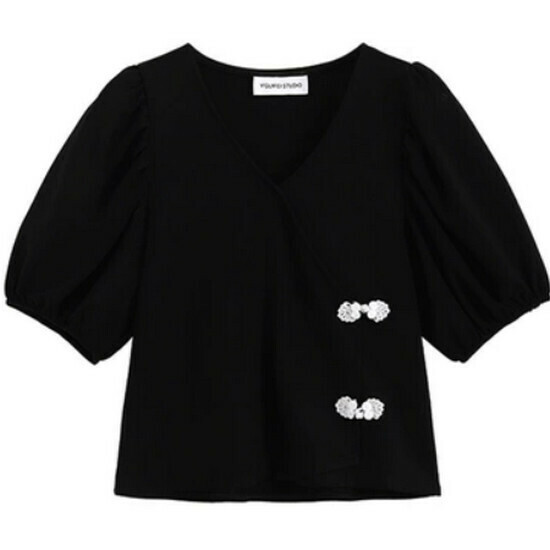 Hot selling Chinese style button-down puff sleeve shirt [Black] [M-4XL size] (please contact customer service to confirm the delivery size after placing the order)