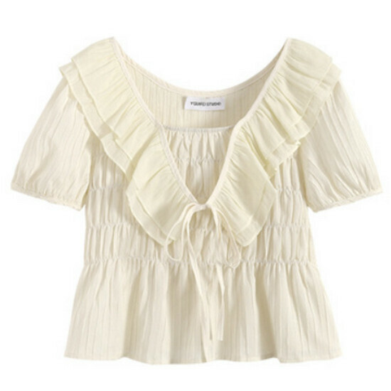 Hot selling ruffled chiffon short-sleeved top [Apricot color] [L-4XL size] (please contact customer service to confirm the delivery size after placing the order)