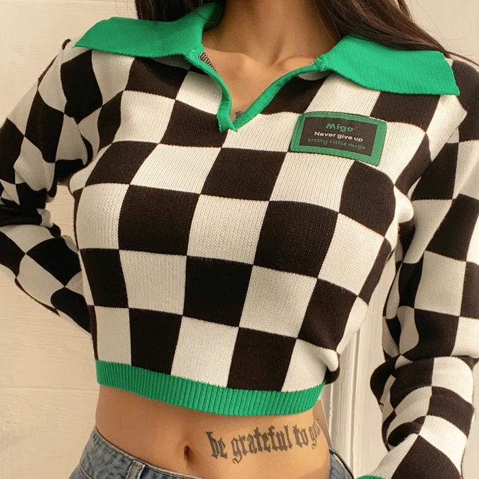 Hot selling checkerboard Polo collar short sweater (black and white check) (S/M size) (contact customer service after placing the order to confirm the delivery size)