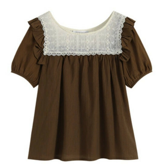 Hot selling lace splicing short-sleeved shirt [Camel] [M-4XL size] (please contact customer service to confirm the delivery size after placing the order)
