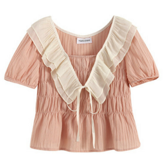 Hot selling ruffled chiffon short-sleeved top [pink] [size L-4XL] (please contact customer service to confirm the delivery size after placing the order)