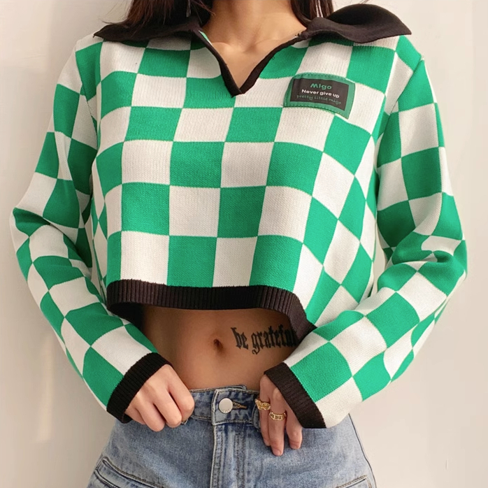 Hot selling checkerboard Polo collar short sweater (green and white check) (S/M size) (contact customer service after placing the order to confirm the delivery size)