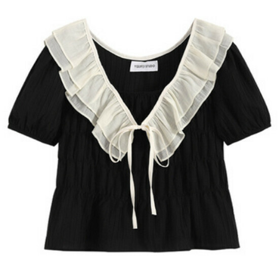Hot selling ruffled chiffon short-sleeved top [black] [L-4XL size] (please contact customer service to confirm the delivery size after placing the order)