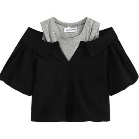 Hot selling fake two-piece off-the-shoulder top [Black] [L-4XL size] (please contact customer service to confirm the delivery size after placing the order)