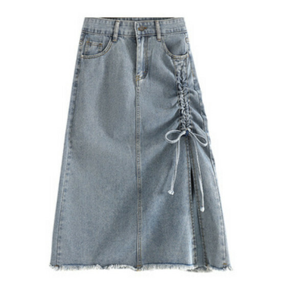 Hot selling drawstring slit denim skirt [light blue] [S-4XL size] (please contact customer service to confirm the delivery size after placing the order)