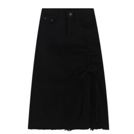 Hot selling drawstring slit denim skirt [black] [S-4XL size] (please contact customer service to confirm the delivery size after placing the order)