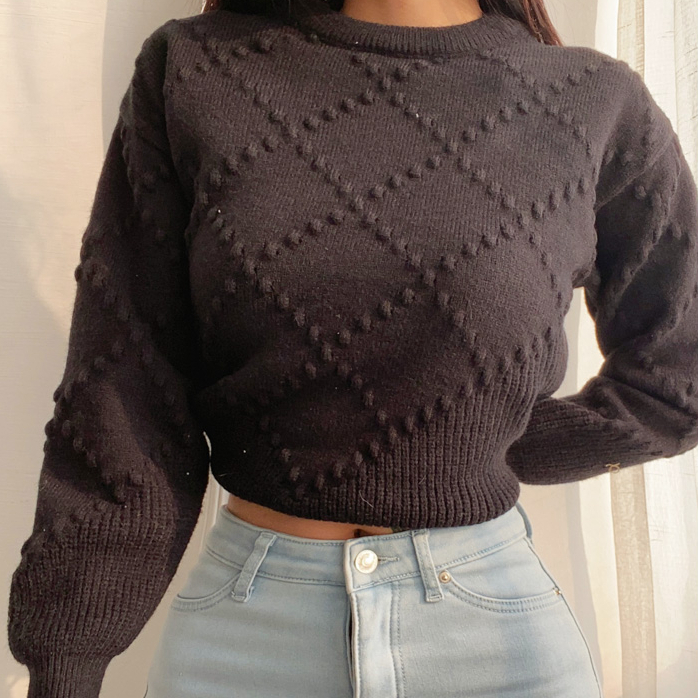 Hot selling diamond check knitted sweater (black) (S/M size) (contact customer service after placing the order to confirm the delivery size)
