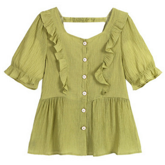 Hot selling fungus edge chiffon top [green] [L-4XL size] (please contact customer service to confirm the delivery size after placing the order)