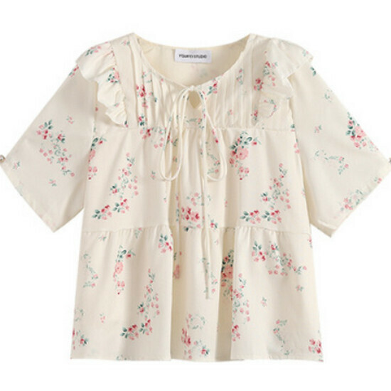 Hot selling doll collar short-sleeved top [small pink flower] [S-L size] (please contact customer service to confirm the delivery size after placing the order)