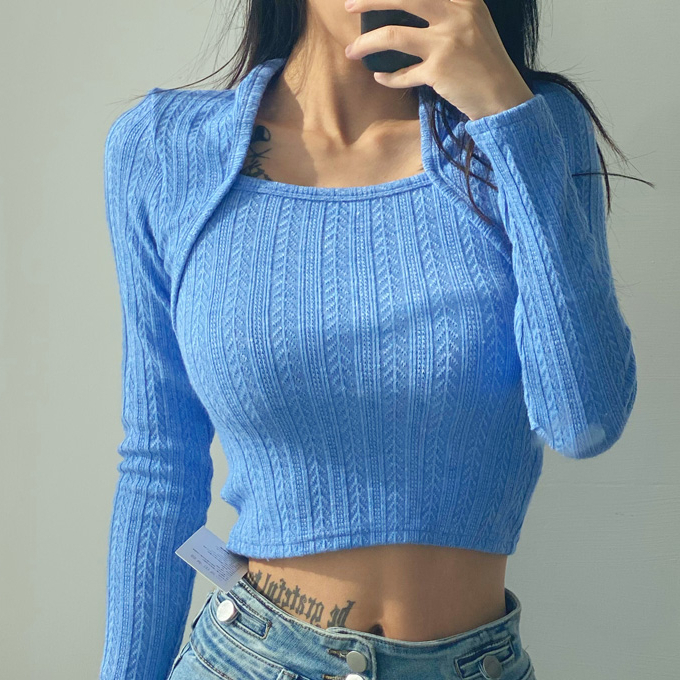 Hot selling short shoulder-length long-sleeved knitted bottoming shirt (blue) (S/M size) (contact customer service after placing the order to confirm the delivery size)