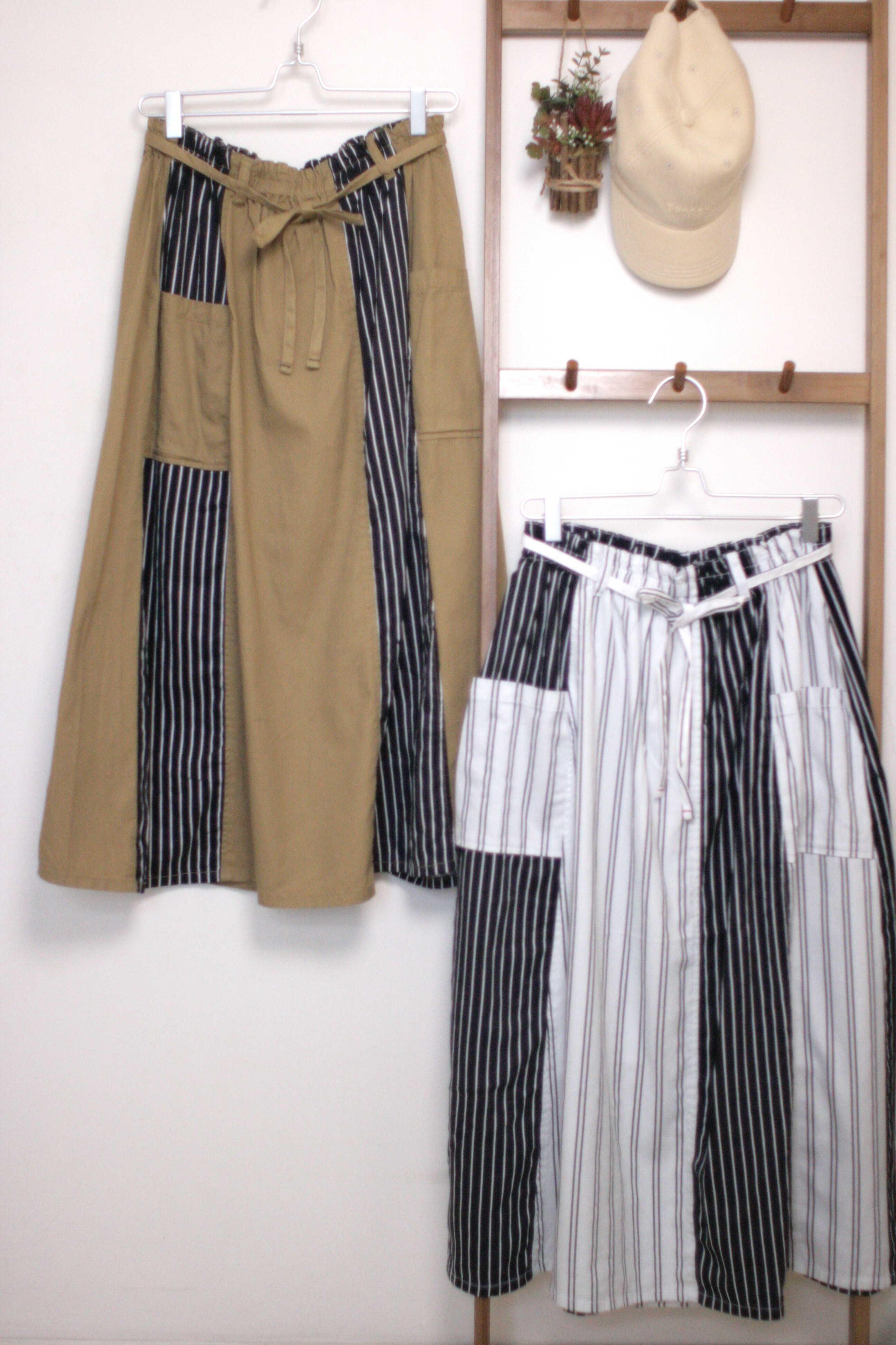 戶外風斜紋棉布直紋拼接半身裙 (兩色入) 【日本直送】