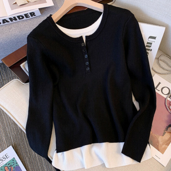 Hot selling fake two-piece long-sleeved sweater [Black] [L-4XL size] (please contact customer service to confirm the delivery size after placing the order)