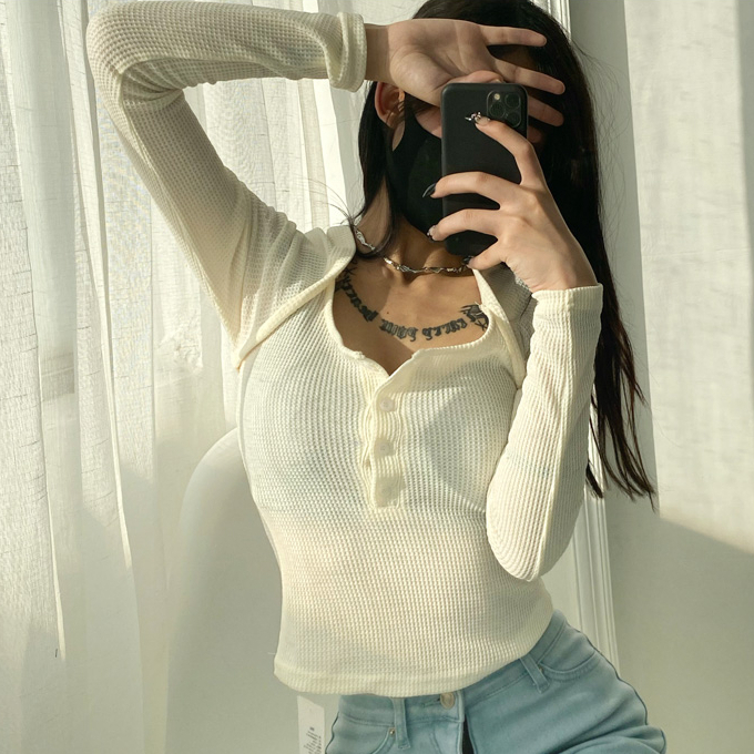 Hot selling short U-collar fake two-piece T-shirt (white) (S/M size) (contact customer service after placing the order to confirm the delivery size)