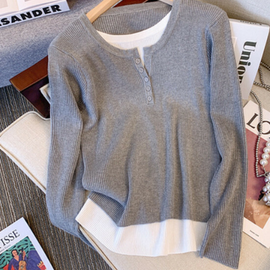 Hot selling fake two-piece long-sleeved sweater [grey] [size L-4XL] (please contact customer service to confirm the delivery size after placing the order)