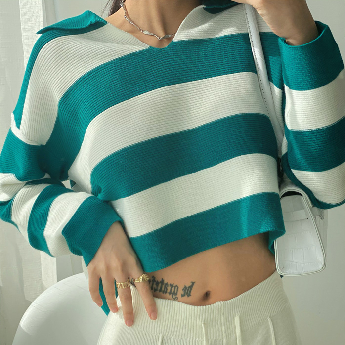 Hot Selling Lapel Long Sleeve Thick Striped Knit Sweater (Green Stripe) (S/M Size) (Contact customer service after placing the order to confirm the delivery size)