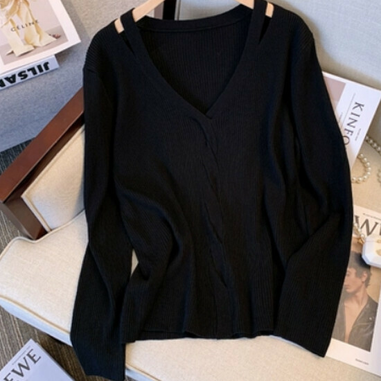 Hot selling hollow slimming v-neck sweater [black] [size L-4XL] (please contact customer service to confirm the delivery size after placing the order)