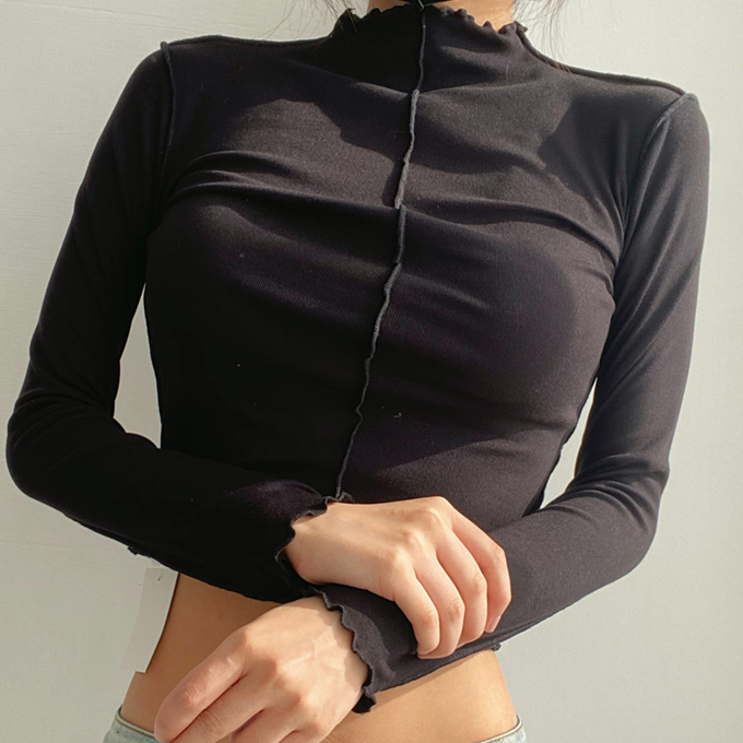 Hot selling solid color reverse line diagonal half turtleneck long-sleeved T-shirt ((black) (S/M size) (contact customer service after placing the order to confirm the delivery size)