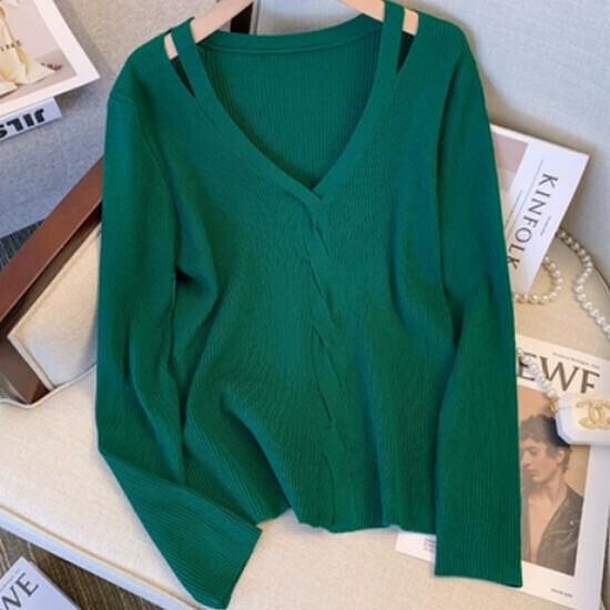 Hot selling hollow slimming v-neck sweater [green] [size L-4XL] (please contact customer service to confirm the delivery size after placing the order)