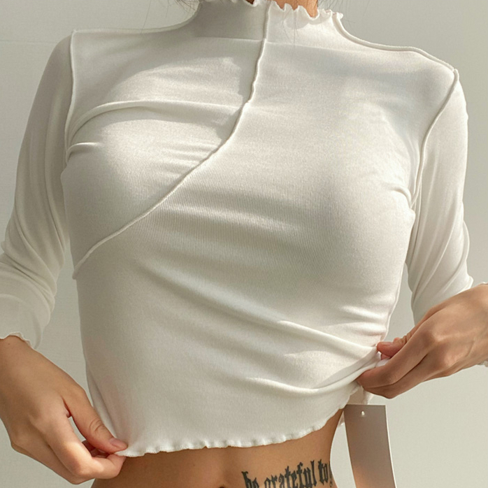 Hot selling solid color reverse line diagonal half turtleneck long-sleeved T-shirt (white) (S/M size) (contact customer service after placing the order to confirm the delivery size)
